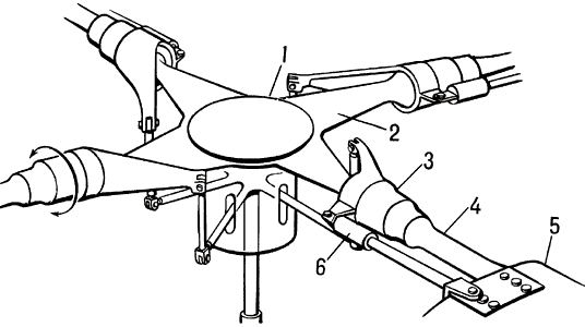Упругая втулка несущего винта:1 — корпус втулки;2 — упругая часть корпуса;3 — осевой шарнир;4 — внешняя упругая часть втулки;5 — лопасть;6 — демпфер.
