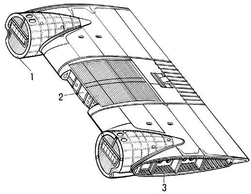 Центроплан:1 — разъём крепления мотогондолы;2 — разъём крепления центроплана к фюзеляжу;3 — разъём крепления отъёмных частей крыла.