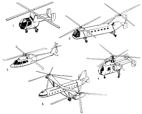 Основные схемы вертолётов:1 — с перекрещивающимися осями винтов;2 — продольная схема;3 — одновинтовая схема;4 — соосная схема;5 — поперечная схема.