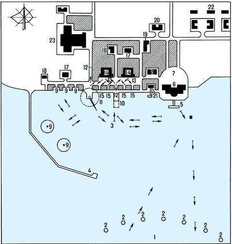 План гидроаэродрома:1 — лётный бассейн;2 — плавучие оградительные знаки;3 — гавань;4 — мол;5 — пассажирская пристань;6 — аэровокзал;7 — привокзальная площадь;8 — гараж;9 — стоянки гидросамолётов на плаву;10 — стапель;11 — грузоподъёмный кран;12 — рулёжные дорожки;13 — манёвренные площадки;14 — ангары;15 — открытые стоянки;16 — служебные здания;17 — склад запасных частей;18 — хранилище горючего;19 — пожарное депо;20 — здание охраны;21 — пристань для плавучих средств;22 — жилые дома;23 — авиаремонтные мастерские.