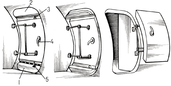 Дверь пробкового типа:1 — нижняя створка;2 — верхняя створка;3, 5 — замки;4 — рукоятка.