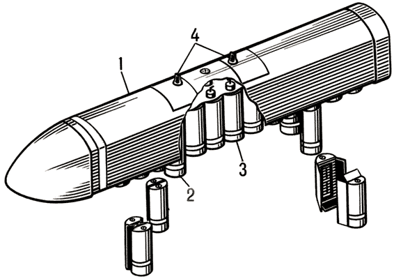 Вертолётная система сухопутного минного оружия (США):1 — контейнер на 40 мин;2 — противотанковая мина массой 2,7 кг;3 — труба для размещения и выброса мин;4 — ушки для подвеса контейнера на бомбодержатель.