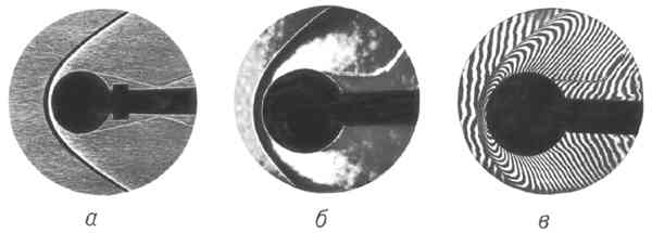 Прямотеневое (а), теневое (б) и интерференционное (в) изображения шара, обтекаемого сверхзвуковым потоком.