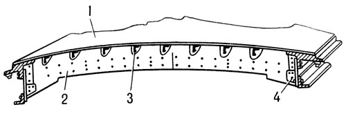 Сборная панель:1 — обшивка;2 — нервюра;3 — стрингер;4 — верхняя часть лонжерона.