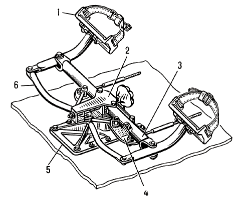 Педали, перемещающиеся в горизонтальной плоскости:1 — педаль;2 — механизм регулировки педалей;3 — коромысло;4 — качалка;5 — кронштейн;6 — тяга.