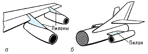 Крыло самолёта с двигателями, подвешенными на пилонах (а), и хвостовая часть фюзеляжа самолёта с двигателями, подвешенными на пилонах (б).