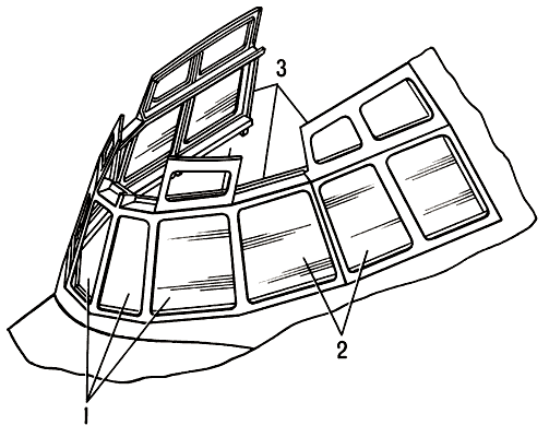 Фонарь кабины экипажа пассажирского самолёта:1 — лобовые стёкла;2 — боковые стёкла;3 — рамки каркаса фонаря.